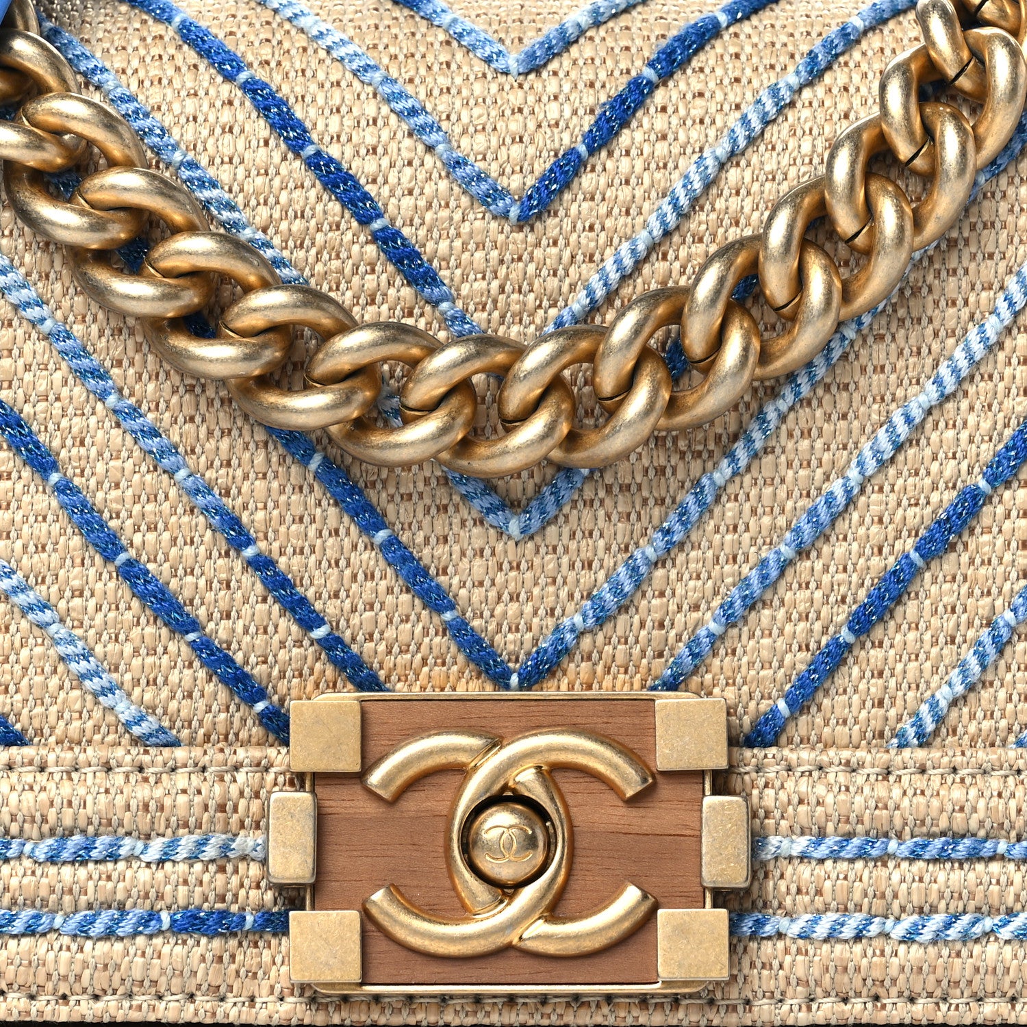 Chanel Cotton Canvas Calfskin Chevron Embroidered Small Boy Flap Beige Blue 7 of 9