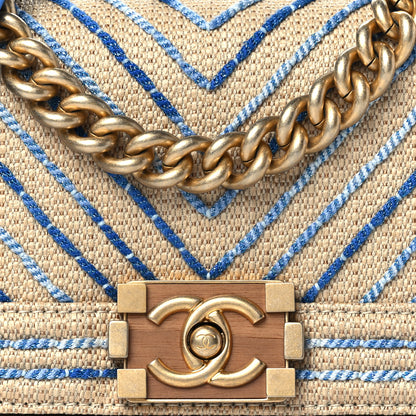 Chanel Cotton Canvas Calfskin Chevron Embroidered Small Boy Flap Beige Blue 7 of 9