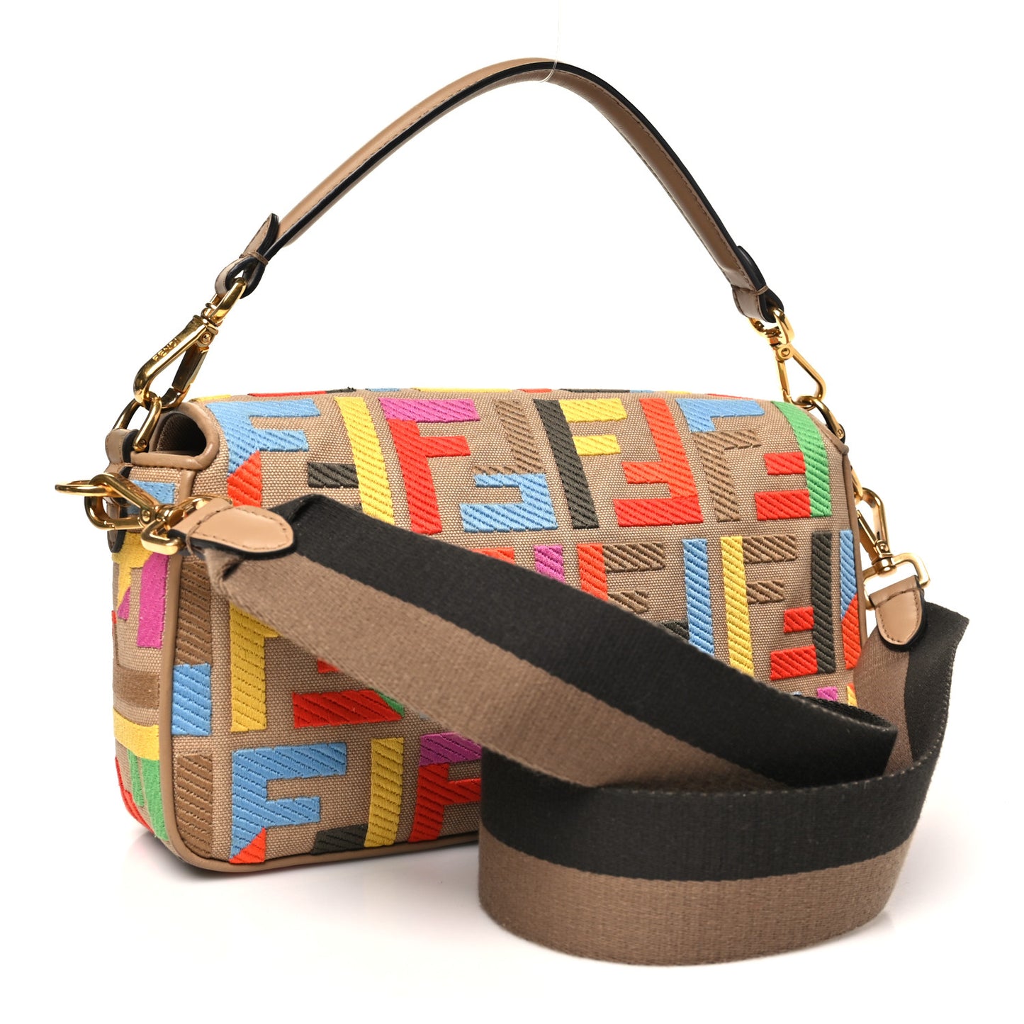 Canvas Vitello King FF Multicolor Embroidered Baguette Multicolor Cuoio
