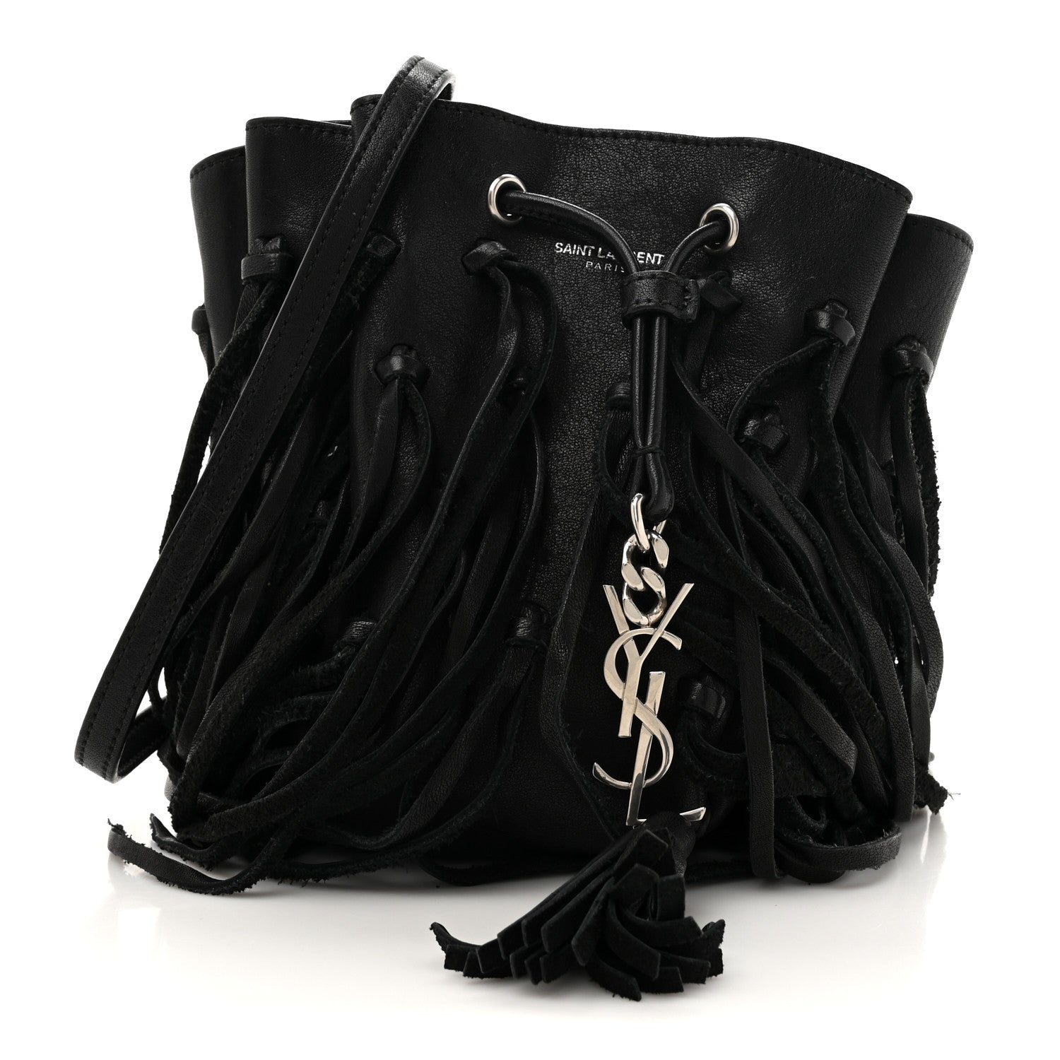 Saint Laurent Calfskin Fringe Monogram Mini Bourse Bucket Bag Black 1 of 11