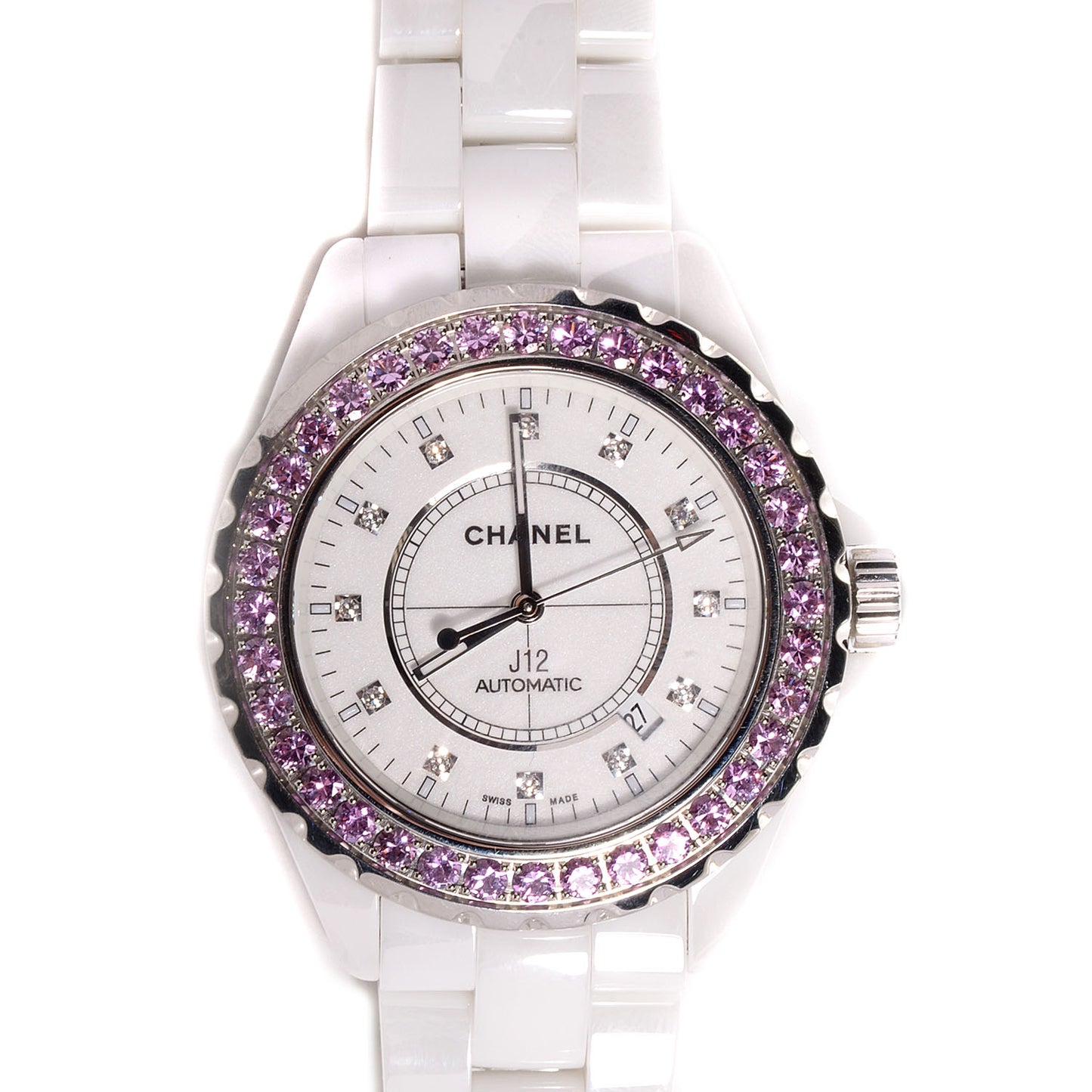 Stainless Steel Ceramic Diamond Pink Sapphire 42mm J12 Automatic Watch White