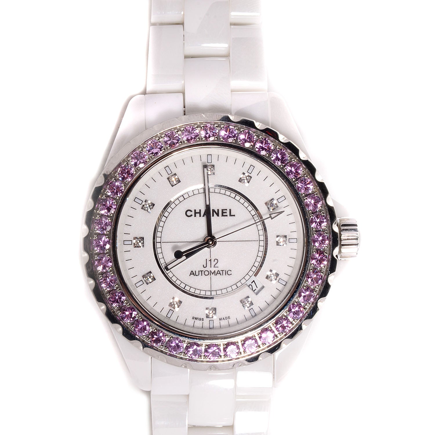 Chanel Stainless Steel Ceramic Diamond Pink Sapphire 42mm J12 Automatic Watch White 1 of 7