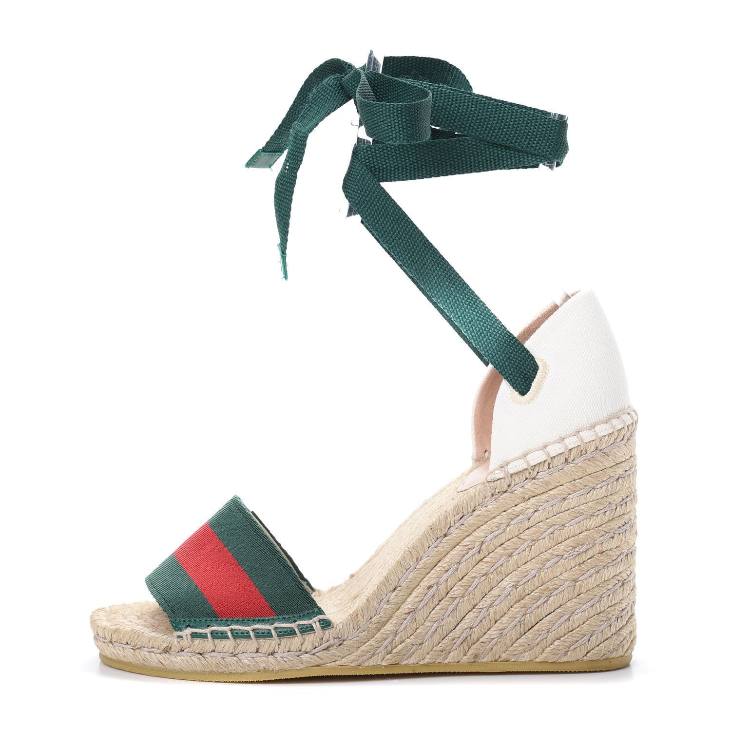 Gucci Canvas Malaga Kid Web Ankle Wrap Espadrille Wedge Sandals 35.5 Green Red Mystic White Emerald 1 of 7