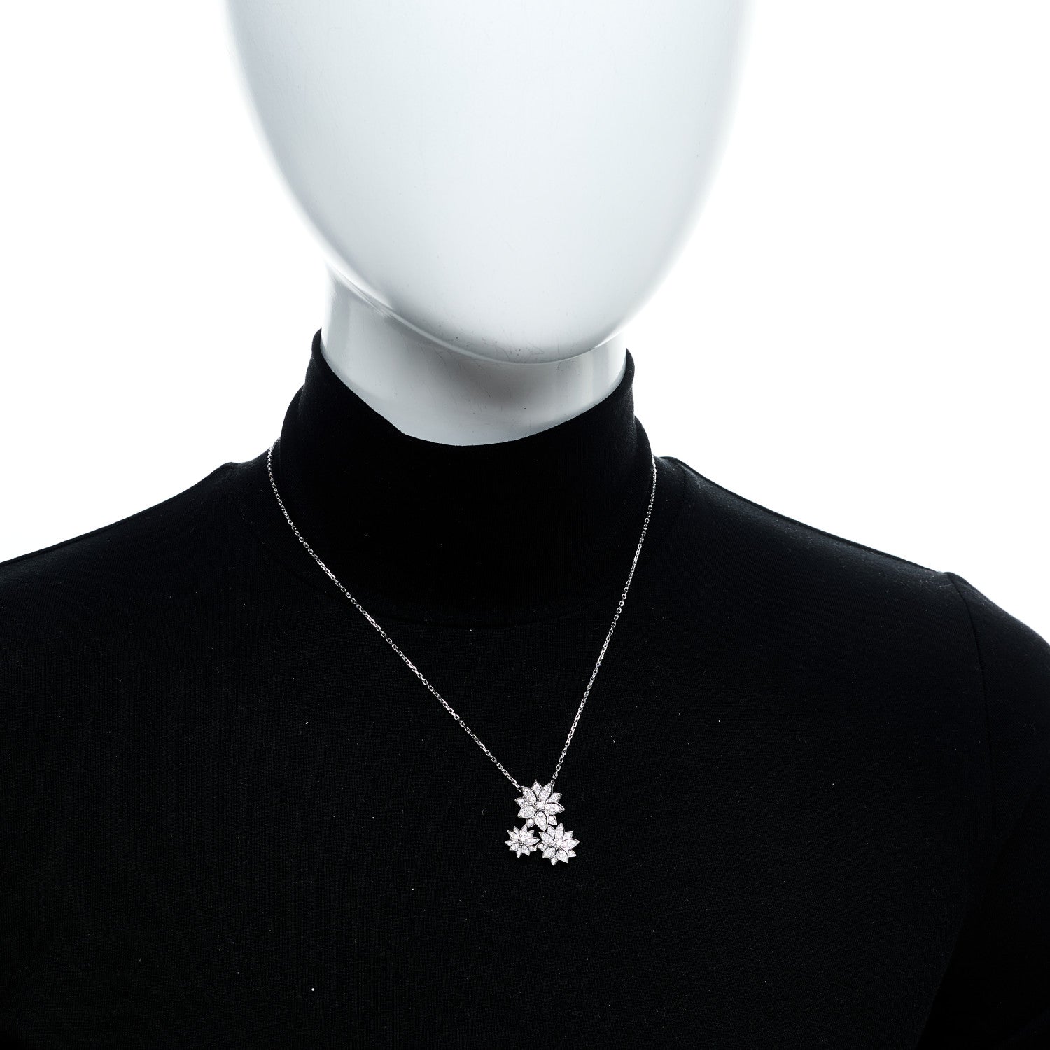 Van Cleef & Arpels 18K White Gold Diamond Lotus 3 Flowers Pendant Necklace 6 of 6