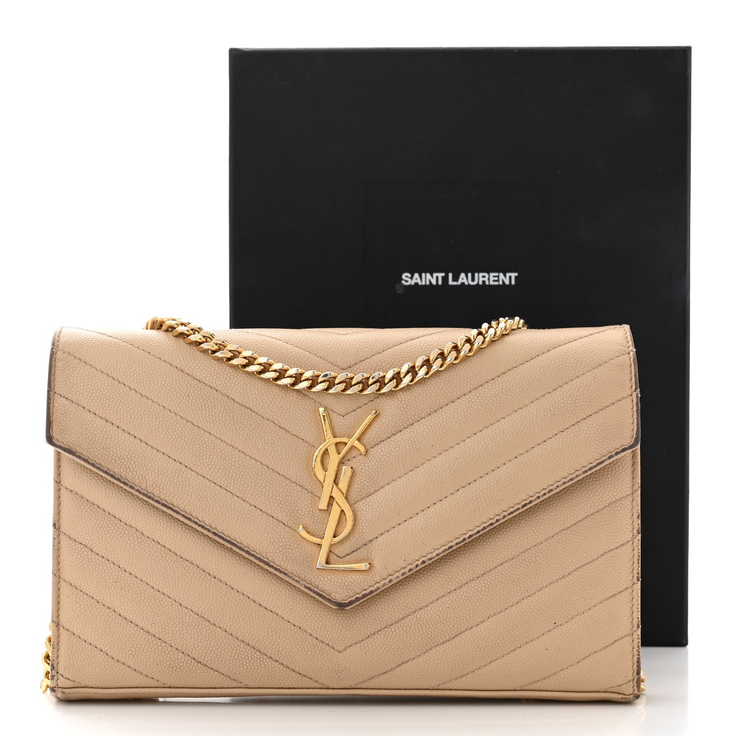 Saint Laurent Grain De Poudre Matelasse Chevron Monogram Chain Wallet Dark Beige 18 of 18