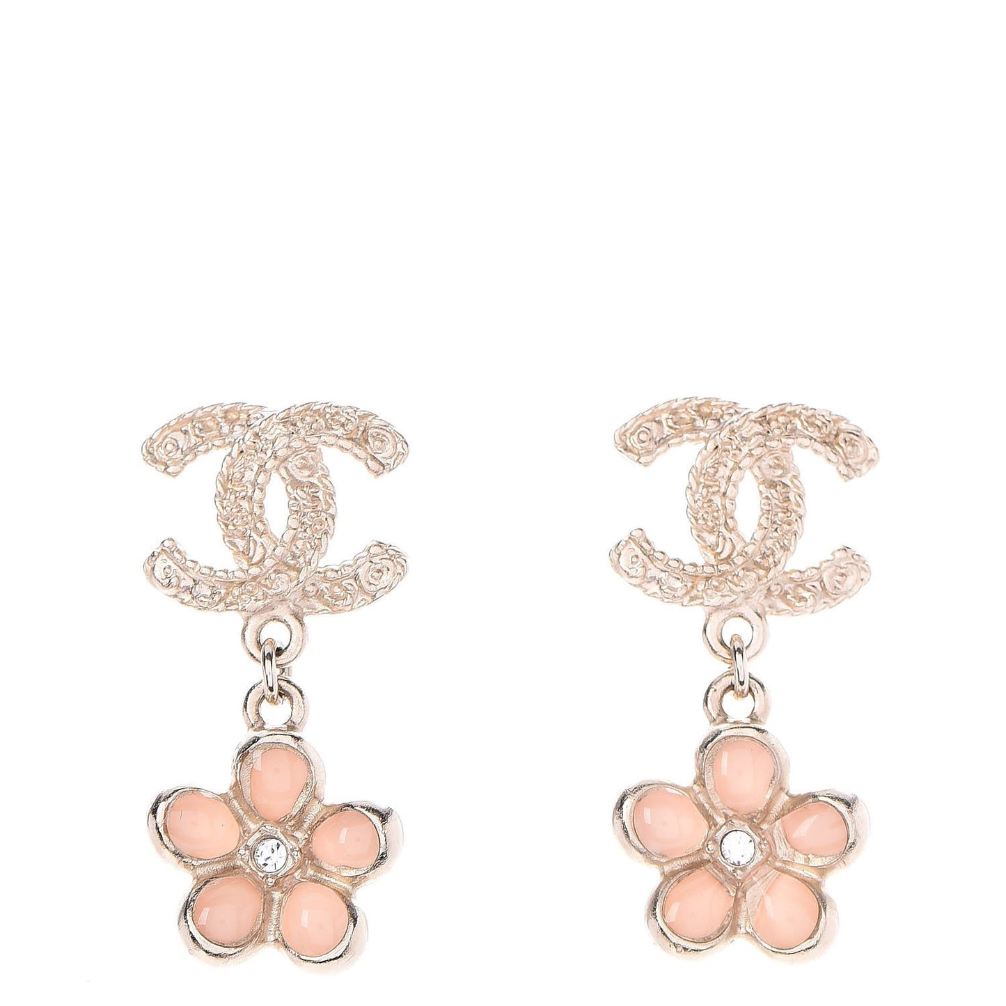 Metal Resin Diamante CC Flower Earrings Gold Beige
