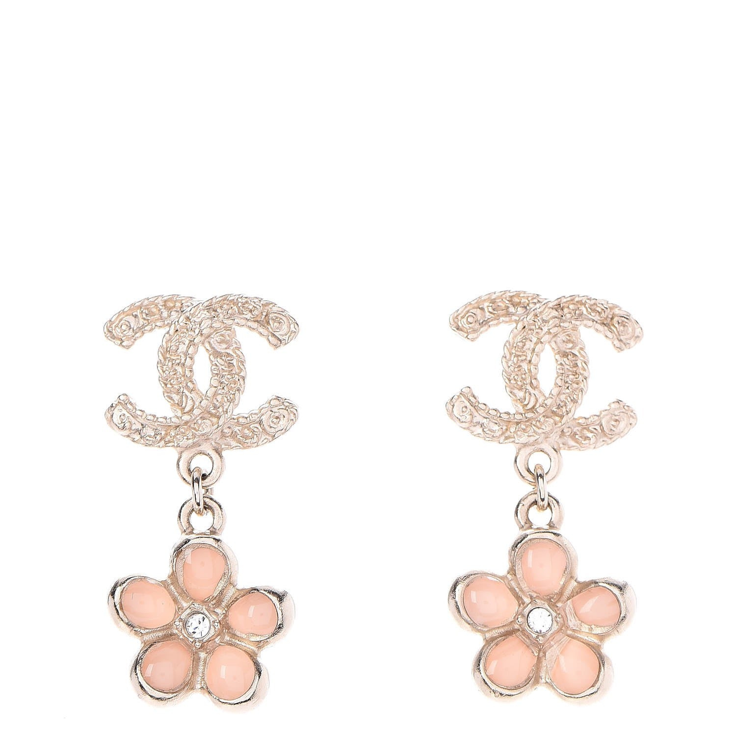 Chanel Metal Resin Diamante CC Flower Earrings Gold Beige 1 of 5