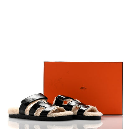 Hermes Glazed Nappa Woolskin Chypre Sandals 37.5 Black Ecru 9 of 9