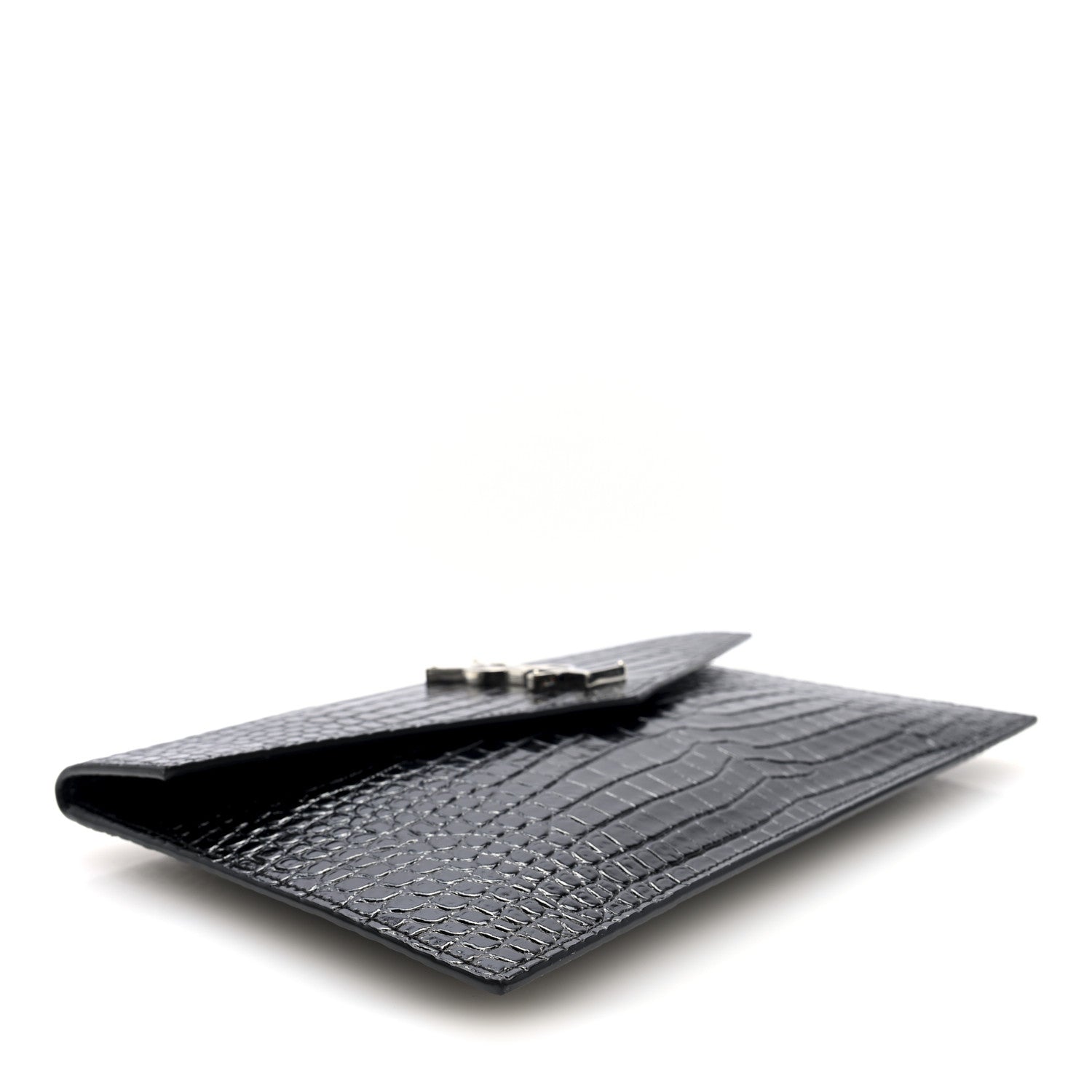 Saint Laurent Calfskin Crocodile Embossed Uptown Monogram Pouch Black 7 of 14