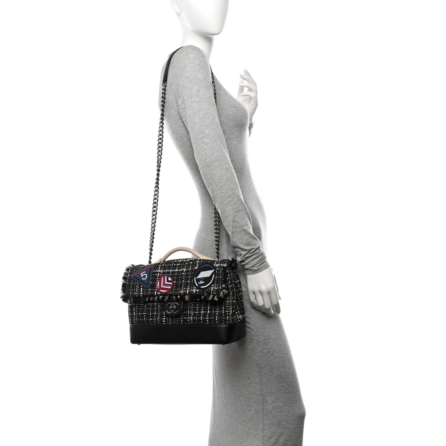 Tweed Trip Top Handle Flap Black Beige