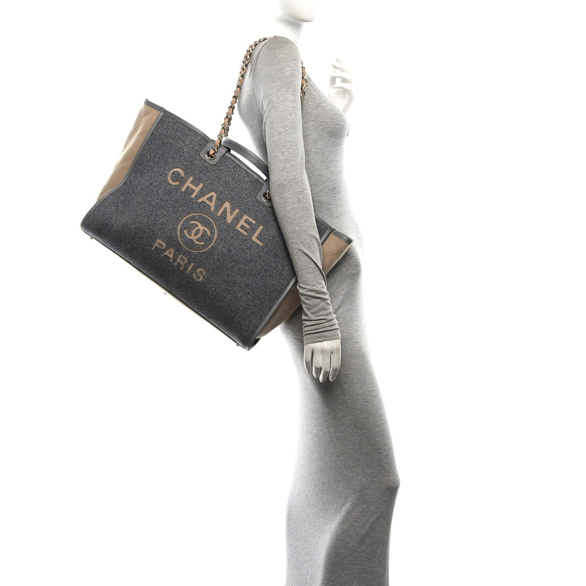 Chanel Wool Felt Large Deauville Tote Grey Beige 2 of 10