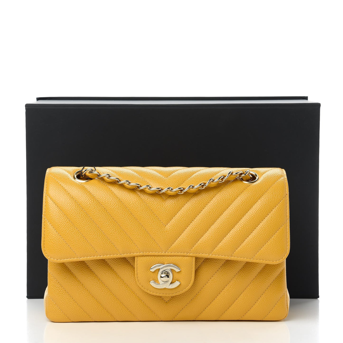 Caviar Chevron Quilted Small Double Flap Yellow