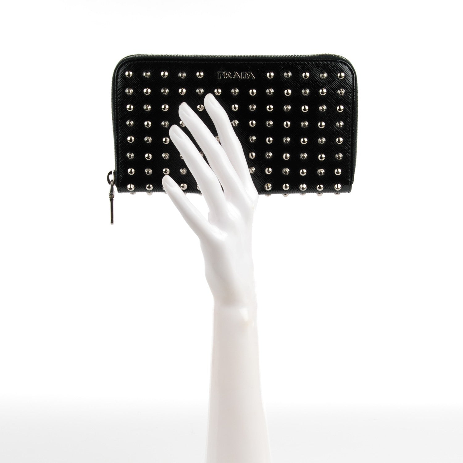 Prada Saffiano Vernice Studded Zip Around Wallet Black 2 of 8
