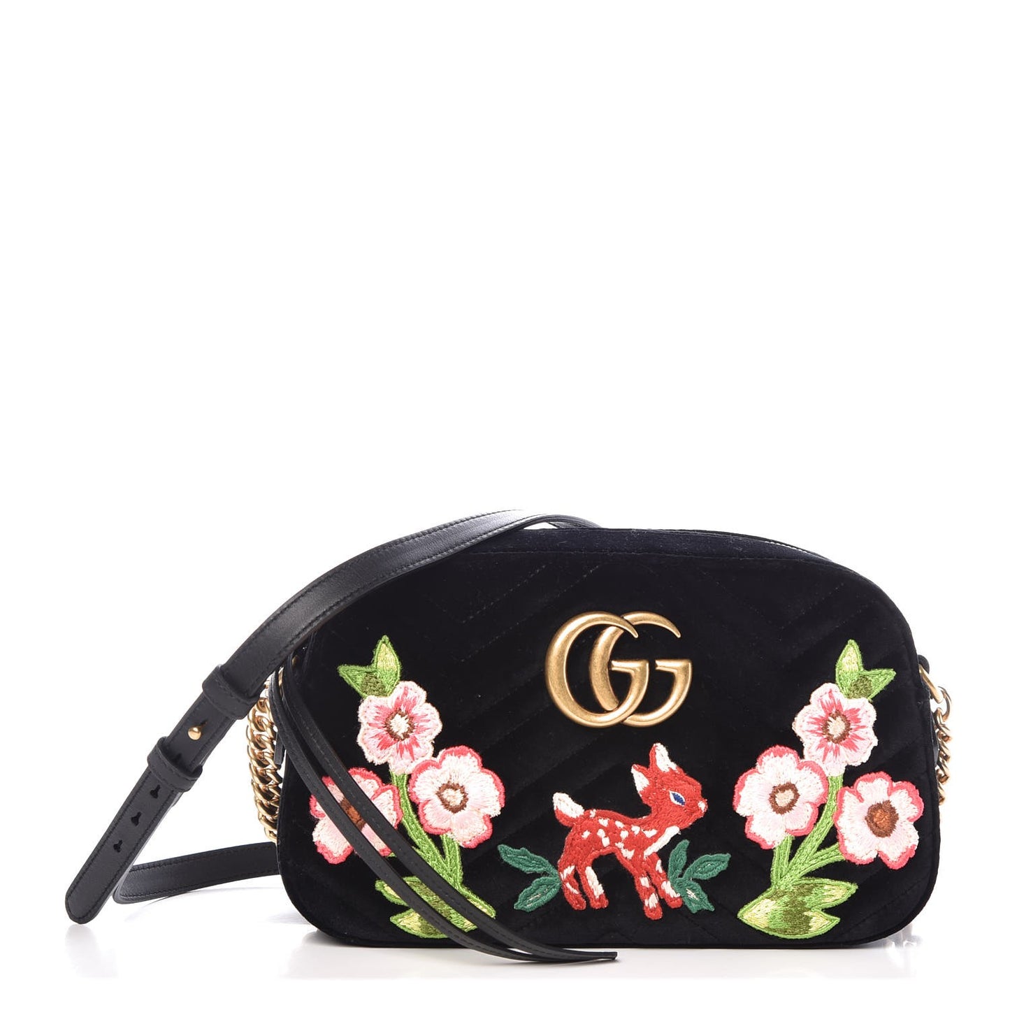 Velvet Matelasse Deer Embroidered Small GG Marmont Chain Shoulder Bag Black