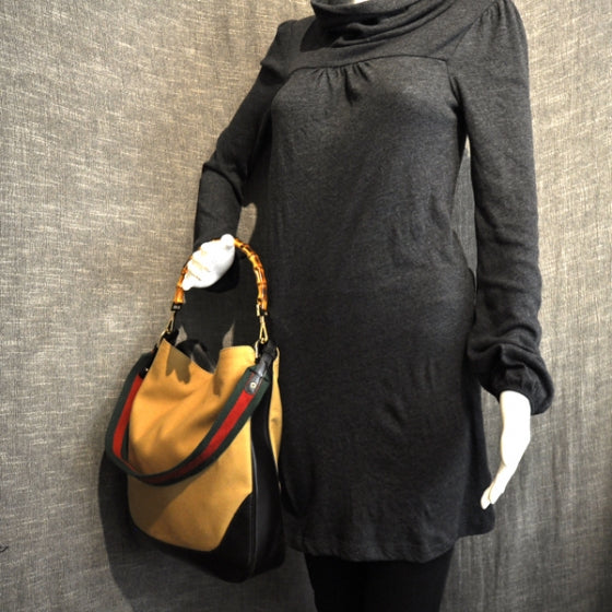 Bamboo Top Handle Bag w Web Strap Brown