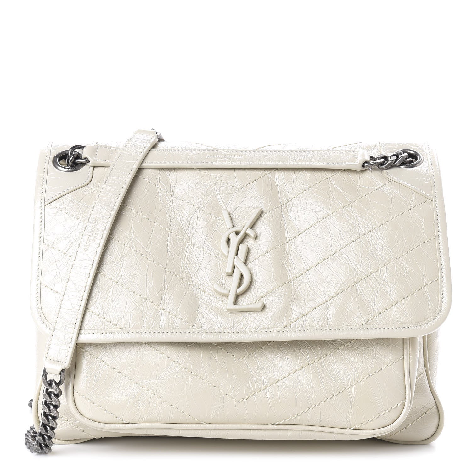 Saint Laurent Crinkled Calfskin Matelasse Monogram Medium Niki Chain Satchel Ivory 1 of 9