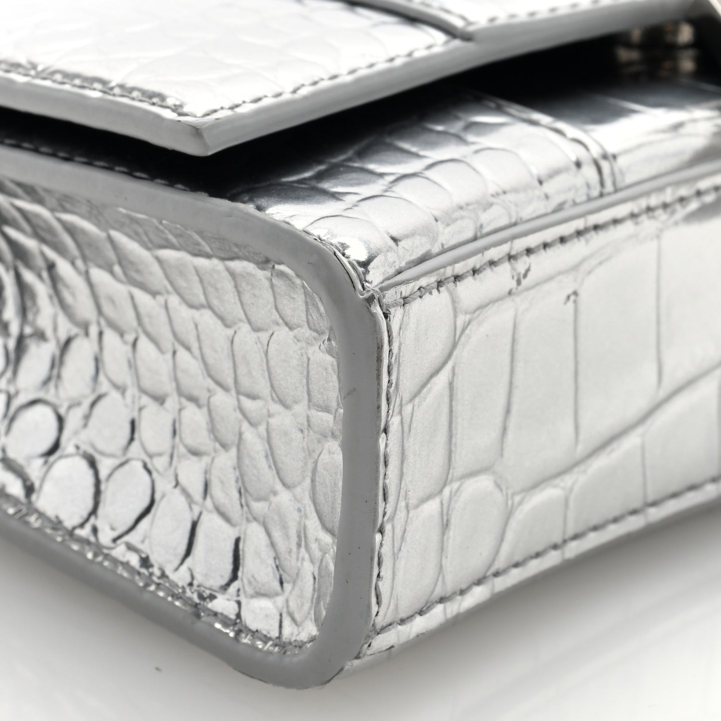 Metallic Calfskin Crocodile Embossed Hourglass Chain Bag Silver Silver