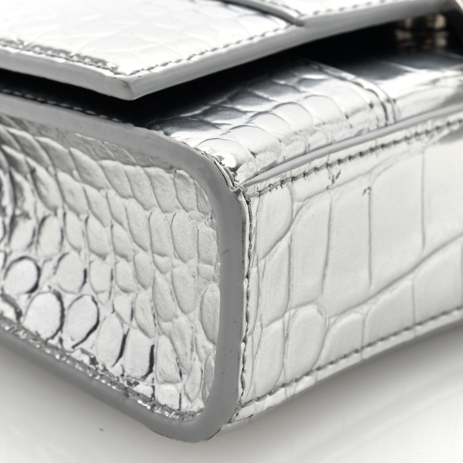Balenciaga Metallic Calfskin Crocodile Embossed Hourglass Chain Bag Silver Silver 8 of 10