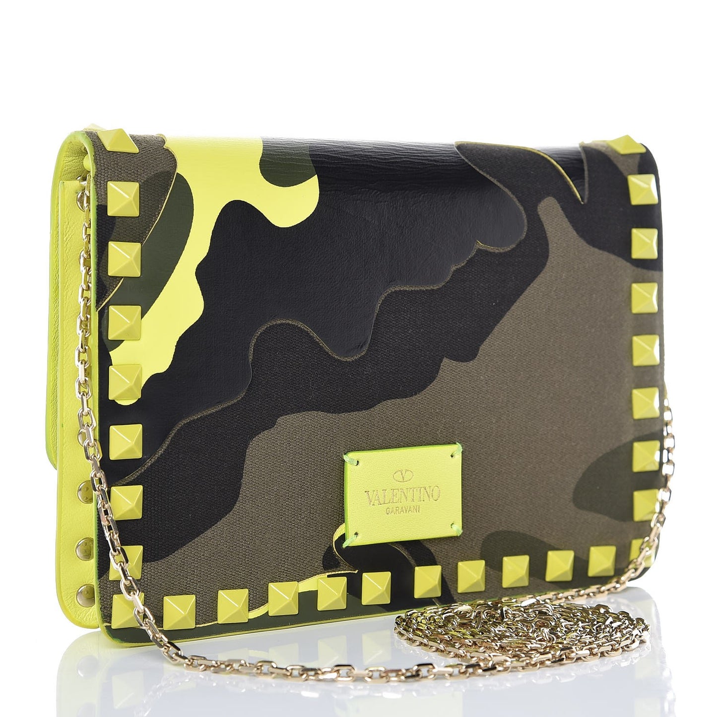Nappa Canvas Camouflage Rockstud Chain Flap Crossbody Bag Fluo Yellow Multicolor