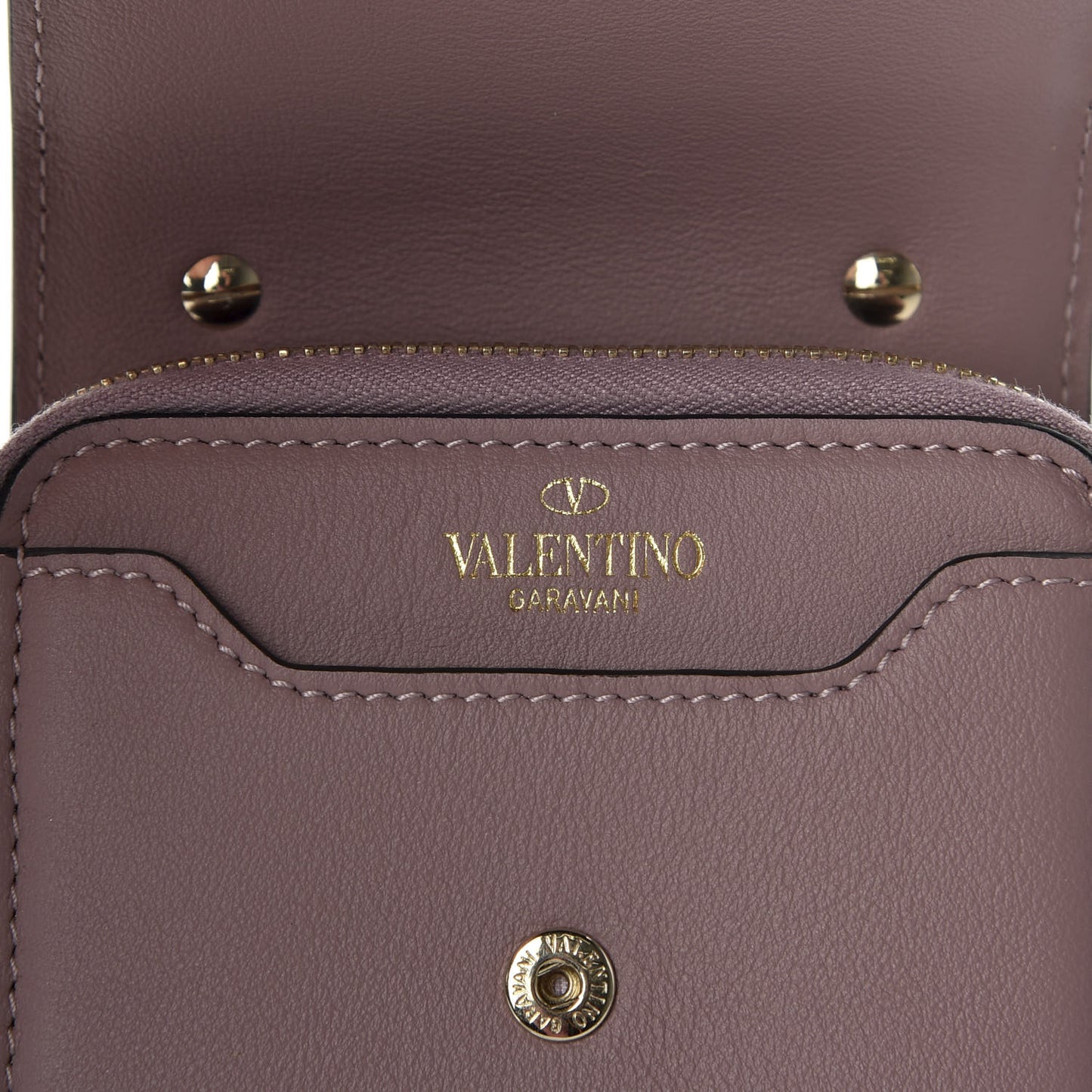 Calfskin Rockstud Carry Secrets Compact Wallet With Chain Lipstick