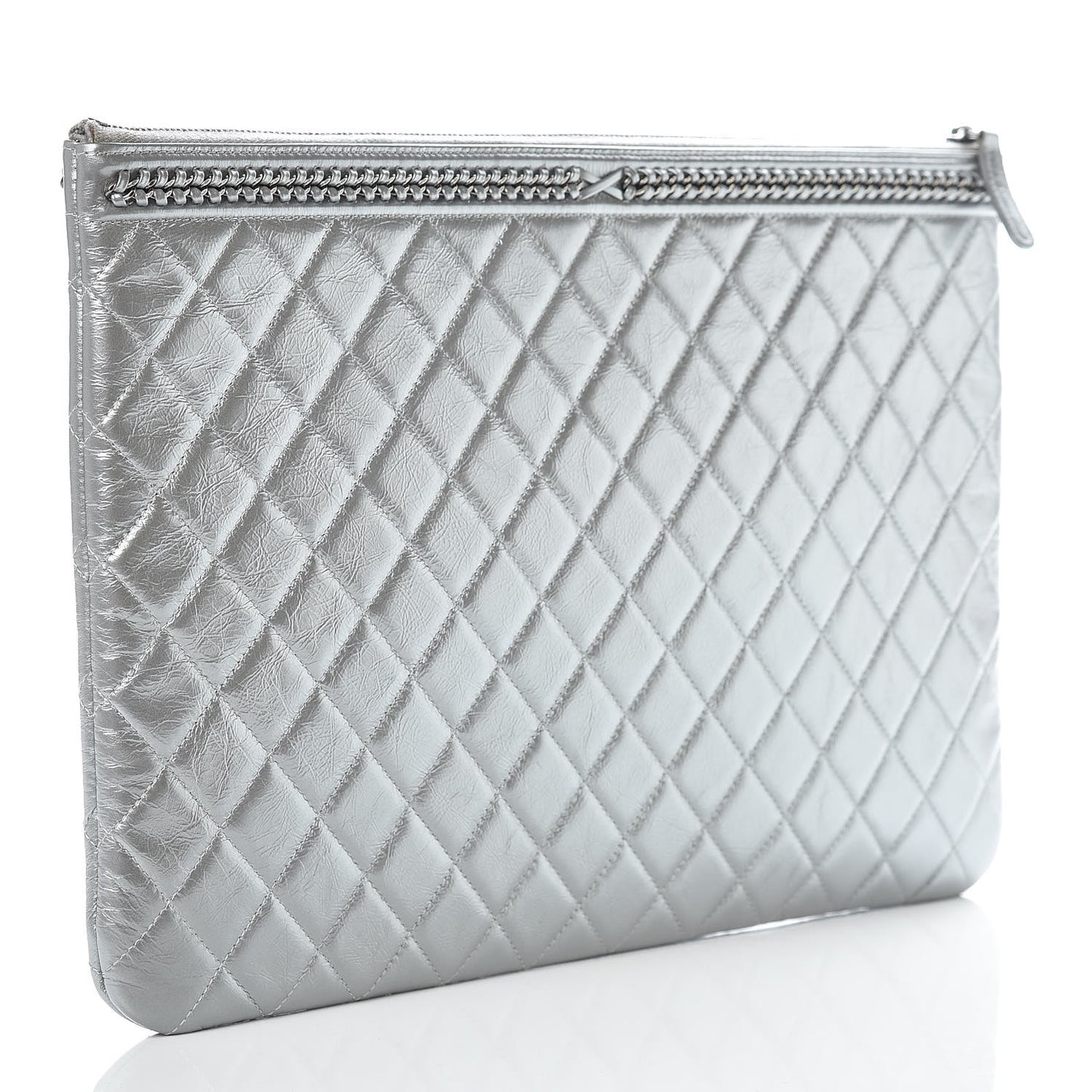 Calfskin Quilted Large Boy Chain Around Cosmetic Case Silver