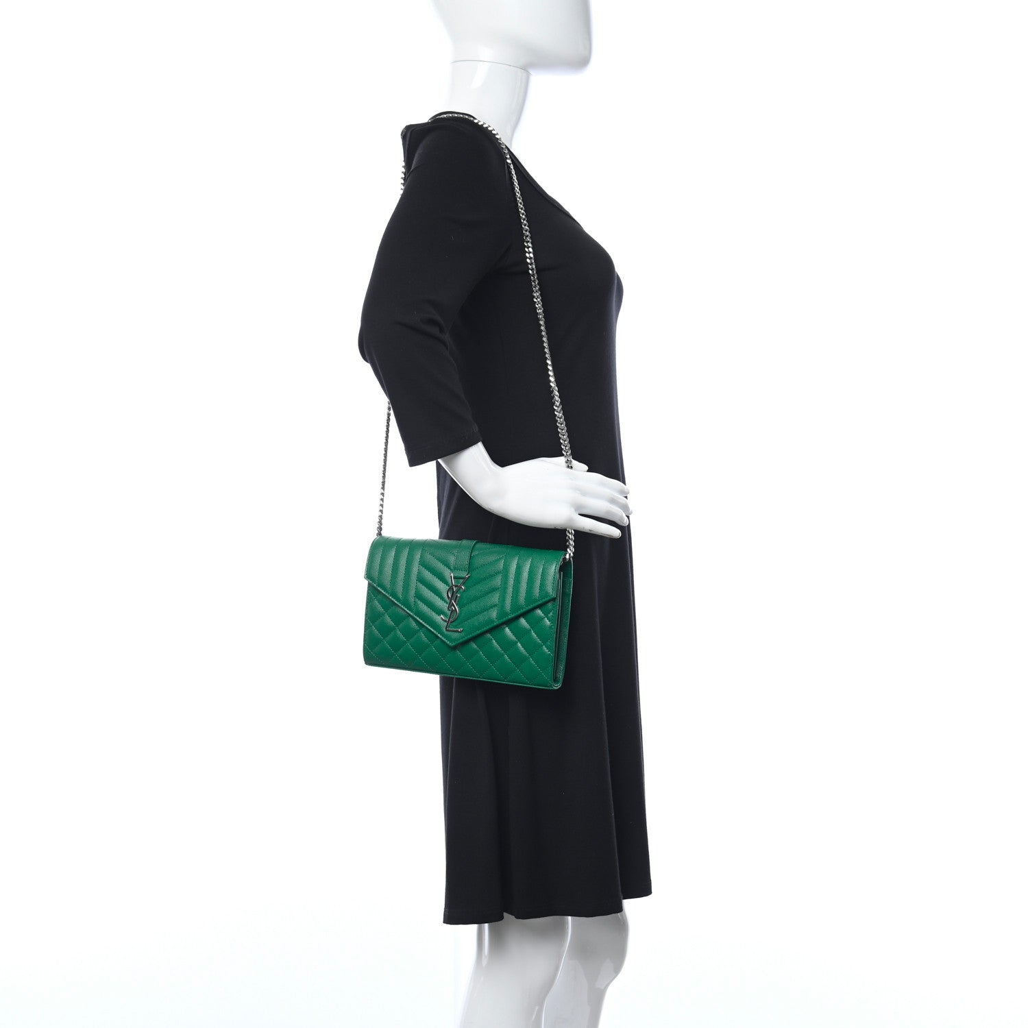 Saint Laurent Grain De Poudre Mixed Matelasse Triquilt Monogram Chain Wallet Malachite 2 of 10