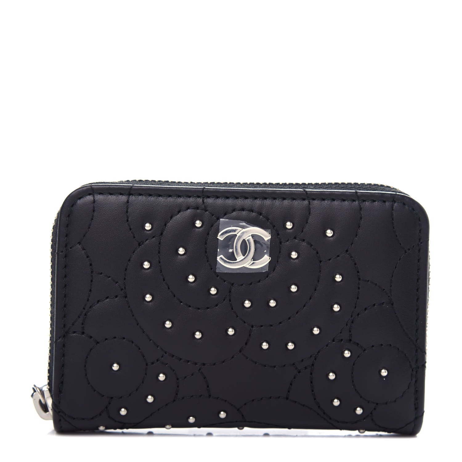 Chanel Lambskin Camellia Embossed Studded Zip Coin Purse Black 1 of 8