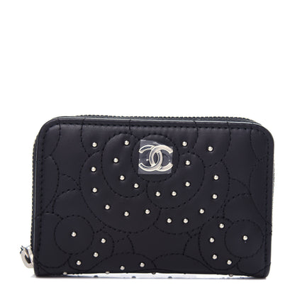 Chanel Lambskin Camellia Embossed Studded Zip Coin Purse Black 1 of 8