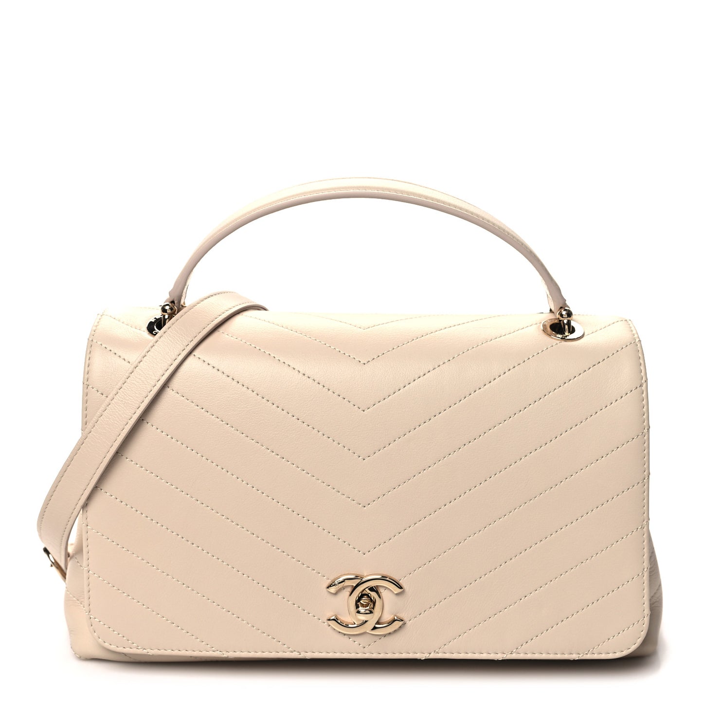 Grained Calfskin Stitched Medium Chevron Chic Top Handle Flap Beige