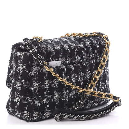 Chanel Tweed Quilted Large 19 Flap Black Ecru White 3 of 9