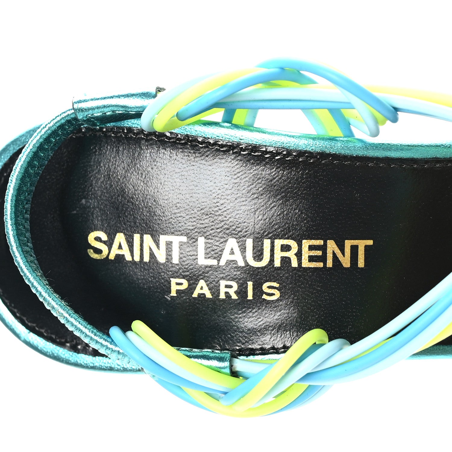 Saint Laurent Metallic Calfskin Gippy 105 Sandals 35.5 Cerulean Giallo Fluo 8 of 9