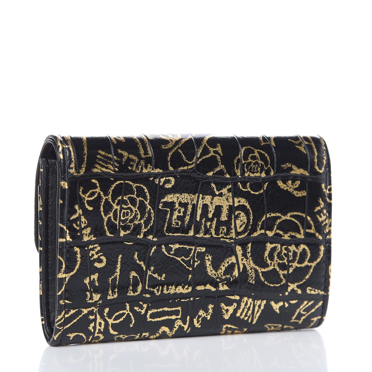 Calfskin Crocodile Embossed Graffiti Reissue Card Holder Wallet Black Gold
