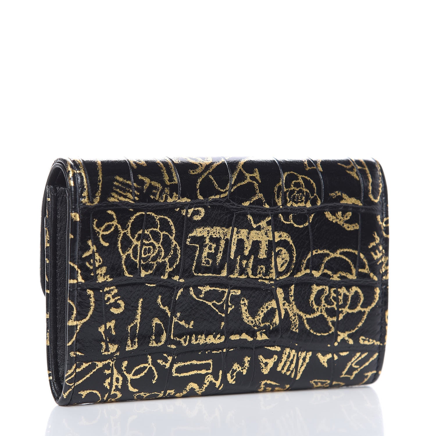 Chanel Calfskin Crocodile Embossed Graffiti Reissue Card Holder Wallet Black Gold 3 of 8