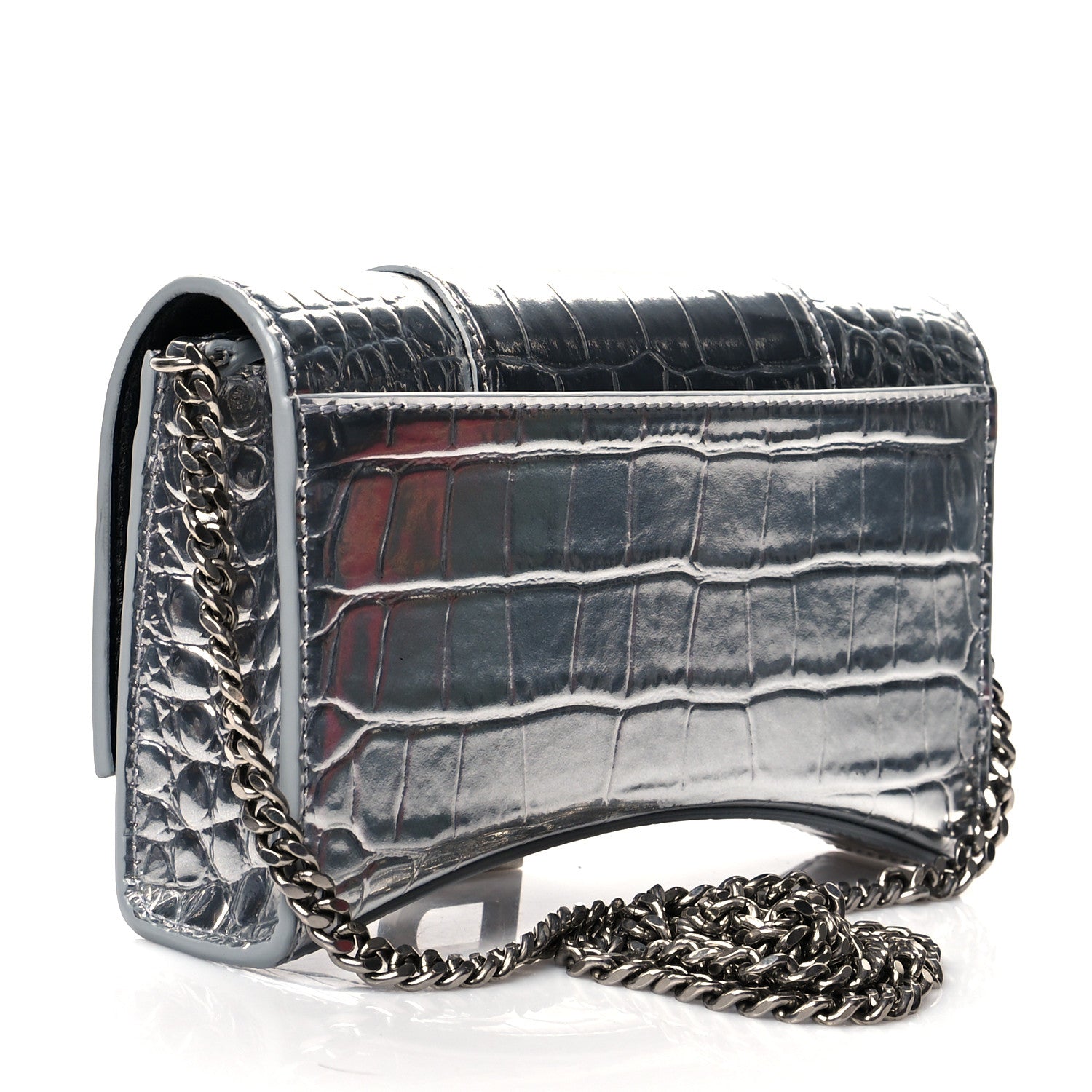 Balenciaga Metallic Calfskin Crocodile Embossed Hourglass Chain Bag Silver 2 of 8