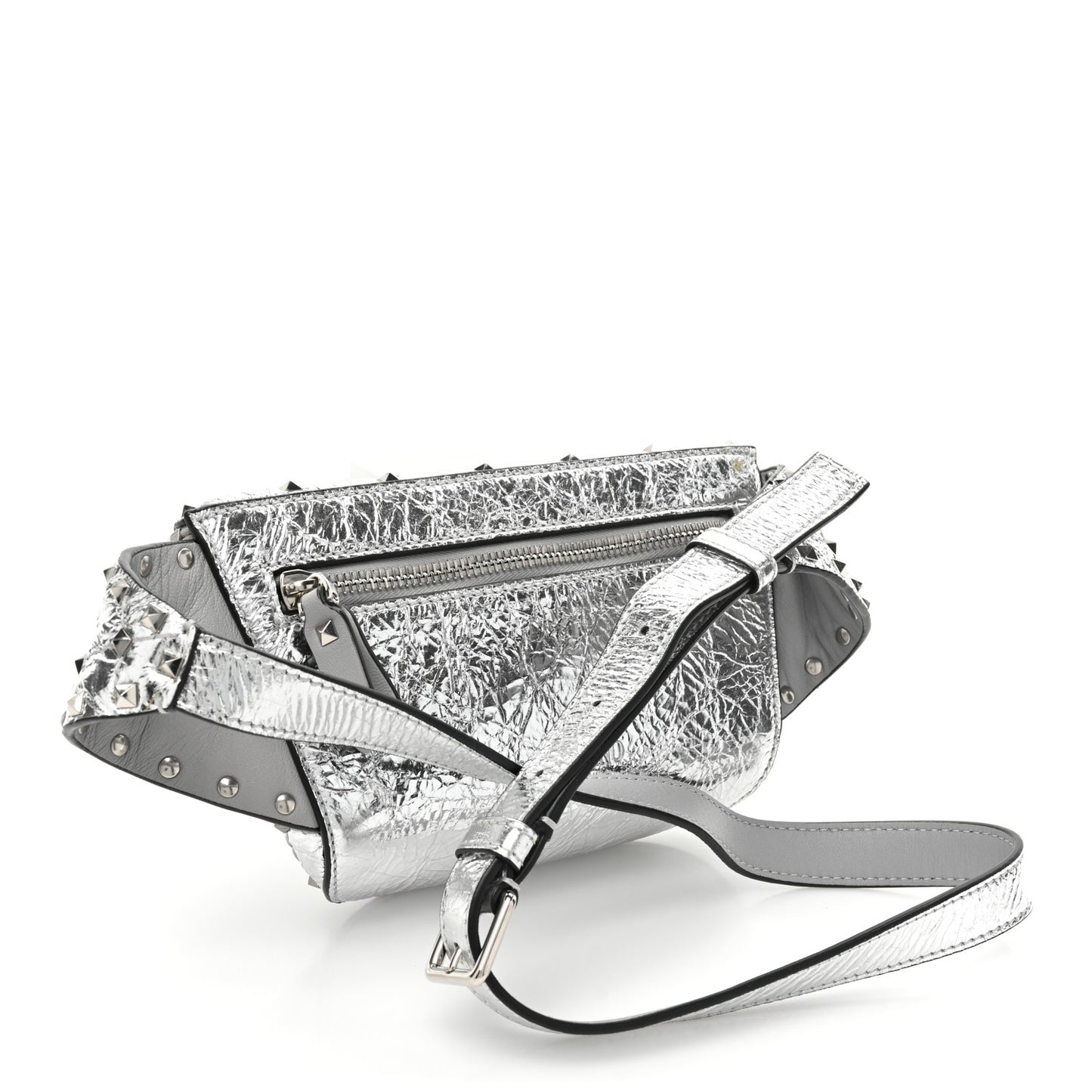 Metallic Craquele Nappa Rockstud Spike Belt Bag 105 42 Silver