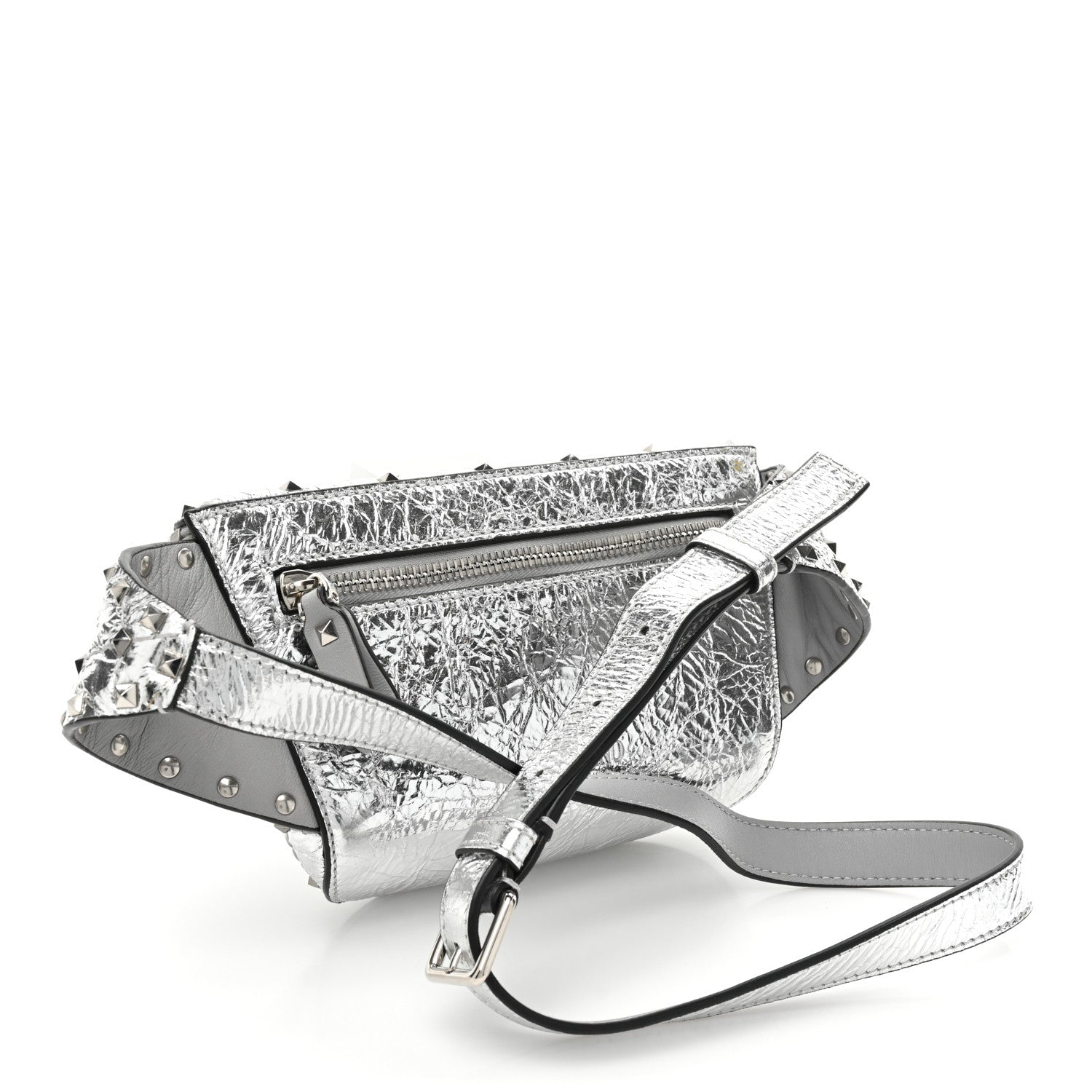 Valentino Garavani Metallic Craquele Nappa Rockstud Spike Belt Bag 105 42 Silver 3 of 12