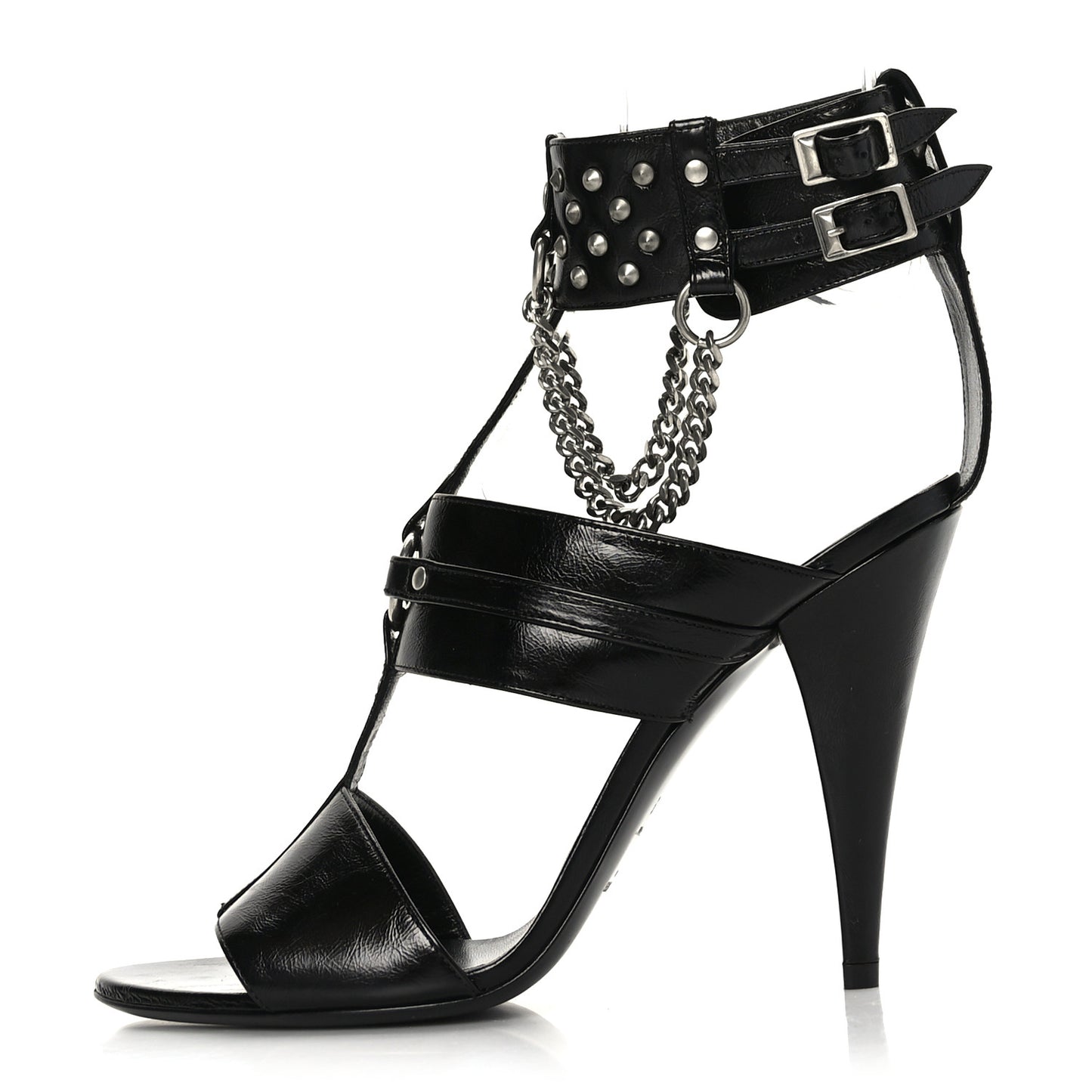 Shiny Calfskin Multi-Studded Strap Fetish Ankle Sandals 39 Black