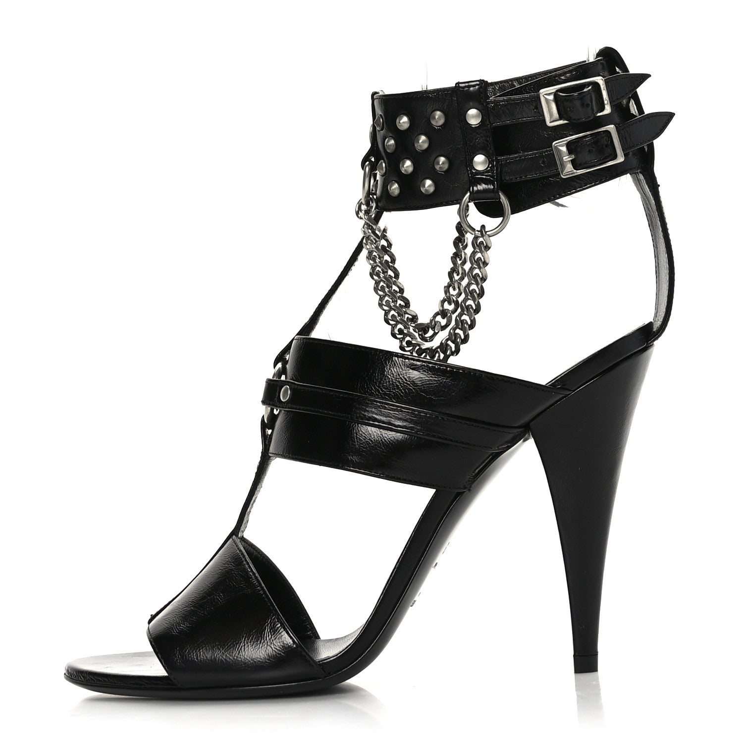 Saint Laurent Shiny Calfskin Multi-Studded Strap Fetish Ankle Sandals 39 Black 1 of 8