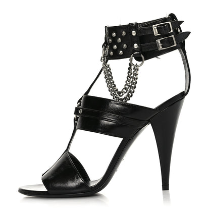 Saint Laurent Shiny Calfskin Multi-Studded Strap Fetish Ankle Sandals 39 Black 1 of 8