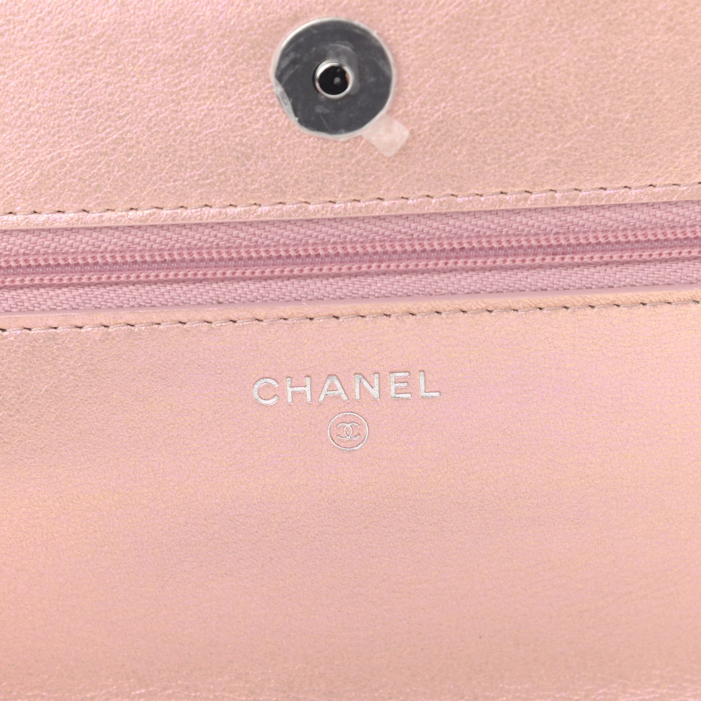 Iridescent Calfskin Quilted Wallet On Chain WOC Pink