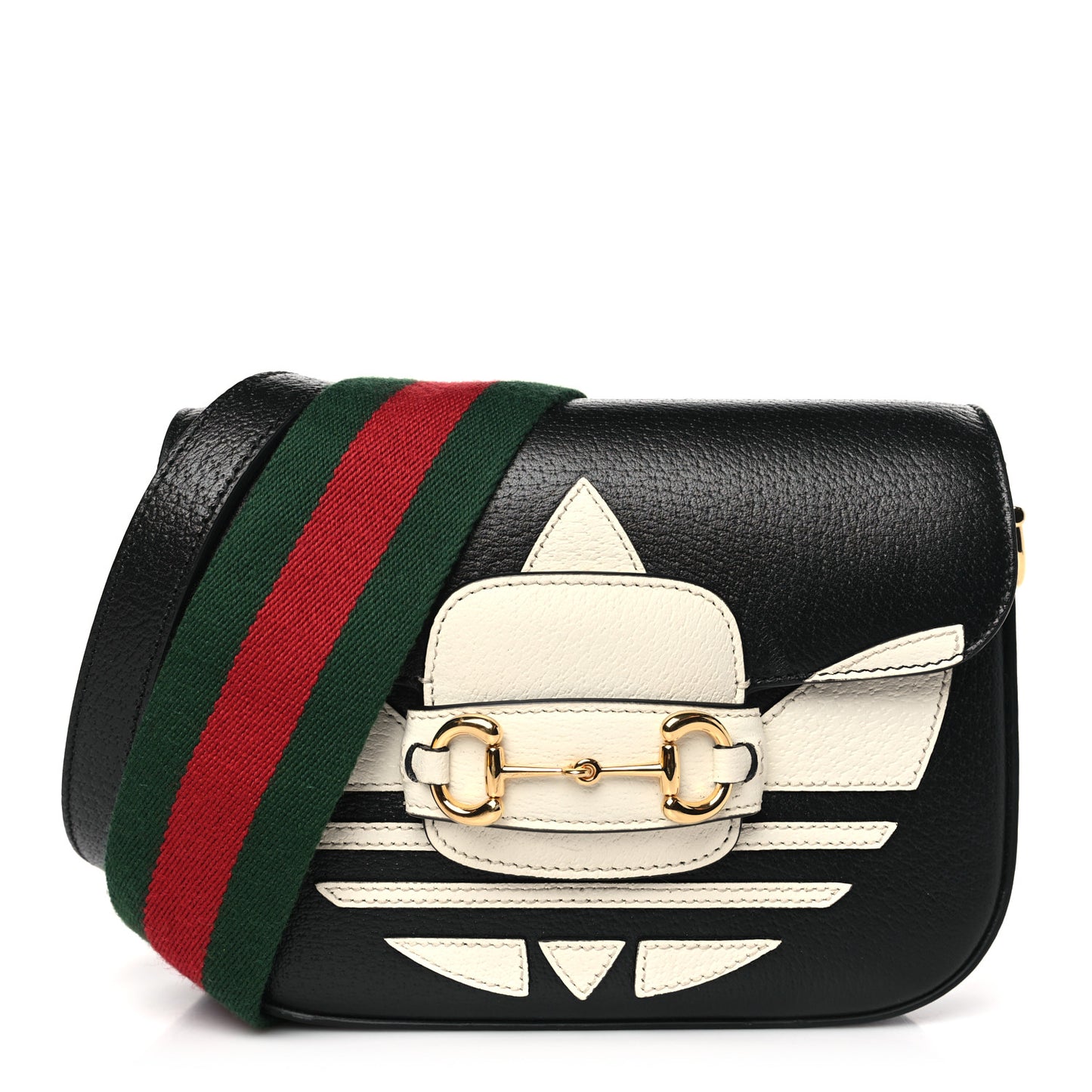 X ADIDAS Textured Dollar Calfskin Web Trefoil Mini Horsebit 1955 Shoulder Bag Black Off White