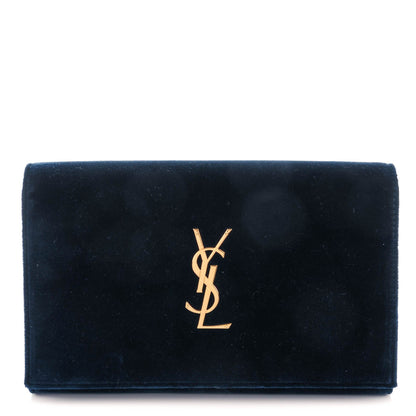 Saint Laurent Velvet Monogram Chain Wallet Navy Blue 1 of 8
