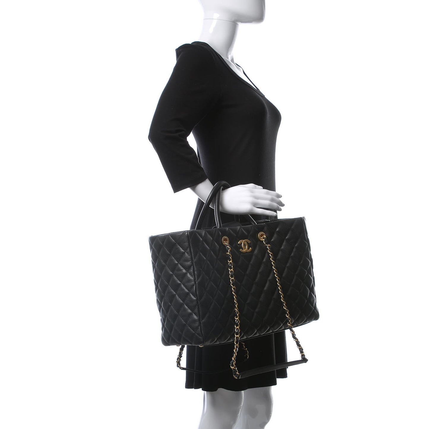 Caviar Quilted Large Coco Handle Shopping Tote Black