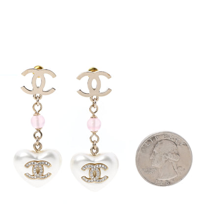 Chanel Metal Pearl Crystal Bead CC Heart Drop Earrings Pink Gold 2 of 4