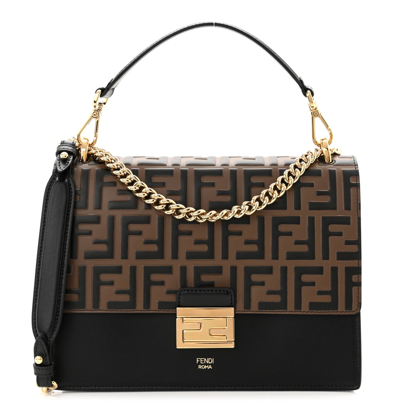 Vitello Liberty Bi-Color FF 1974 Embossed Chain Strap Kan U Shoulder Bag Black Maya