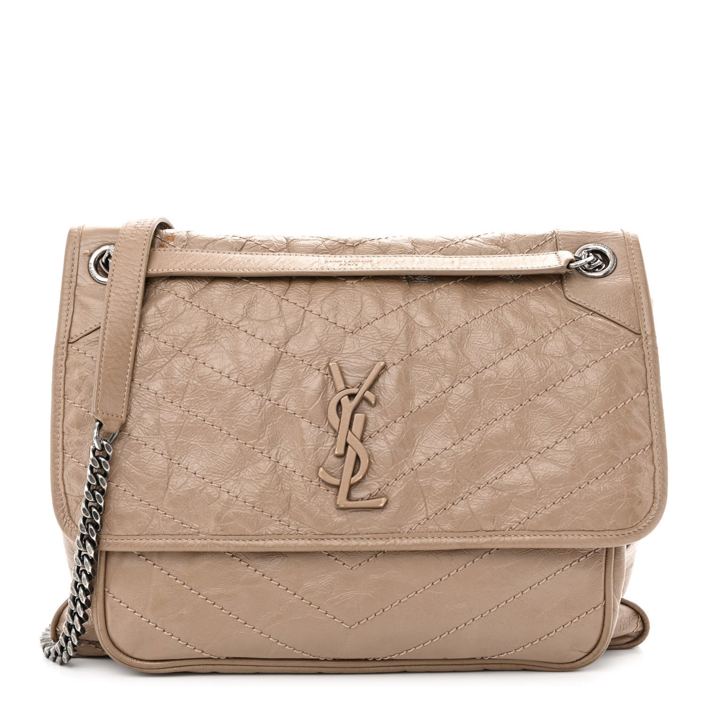 Crinkled Calfskin Matelasse Monogram Large Niki Chain Satchel Light Taupe