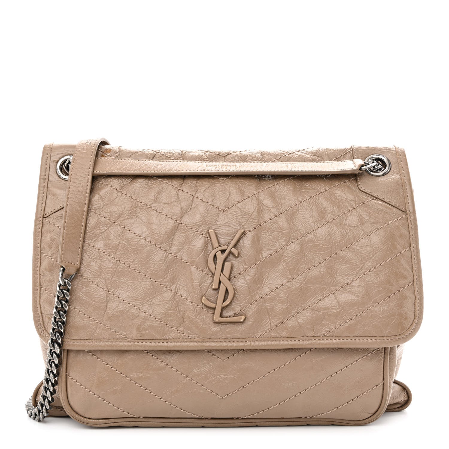 Saint Laurent Crinkled Calfskin Matelasse Monogram Large Niki Chain Satchel Light Taupe 1 of 19