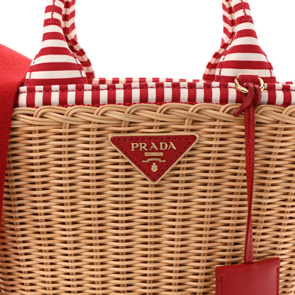 Prada Wicker Canvas Striped Shoulder Bag Naturale Rosso 8 of 12