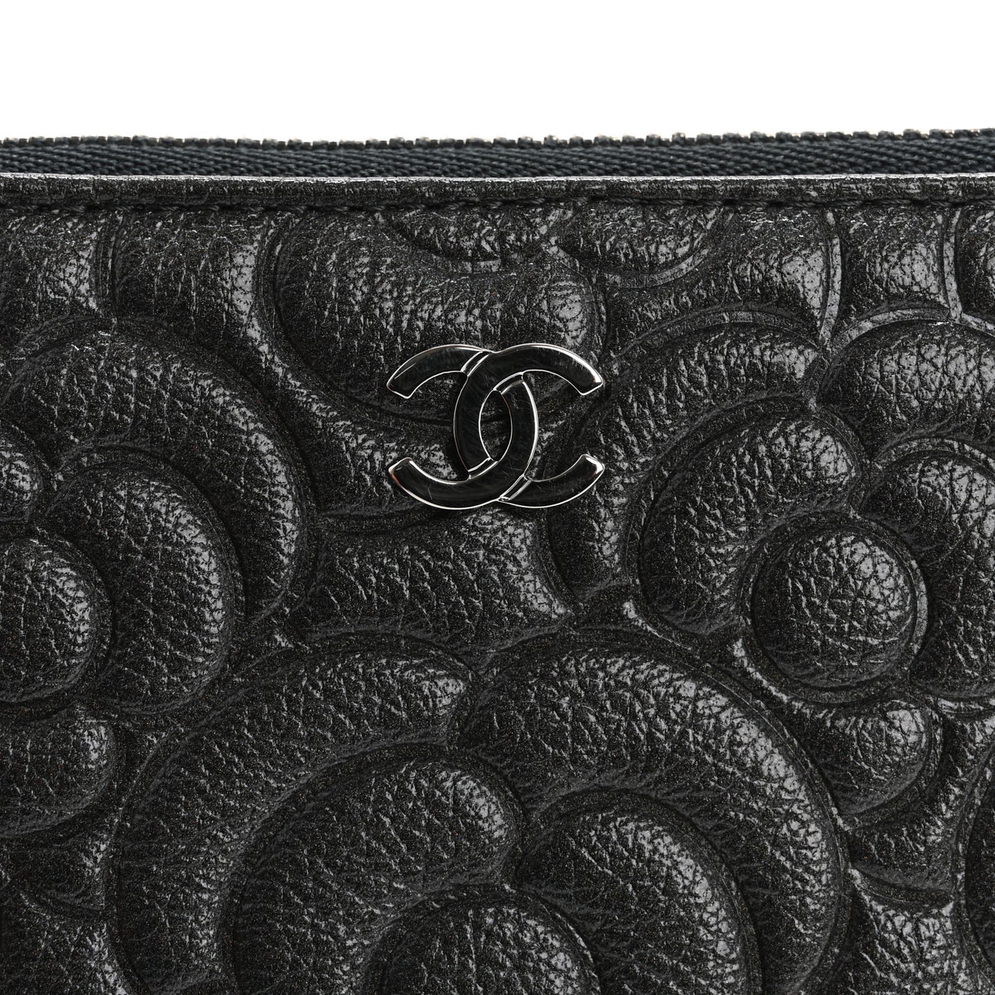 Goatskin Camellia Embossed Cosmetic Pouch Anthracite
