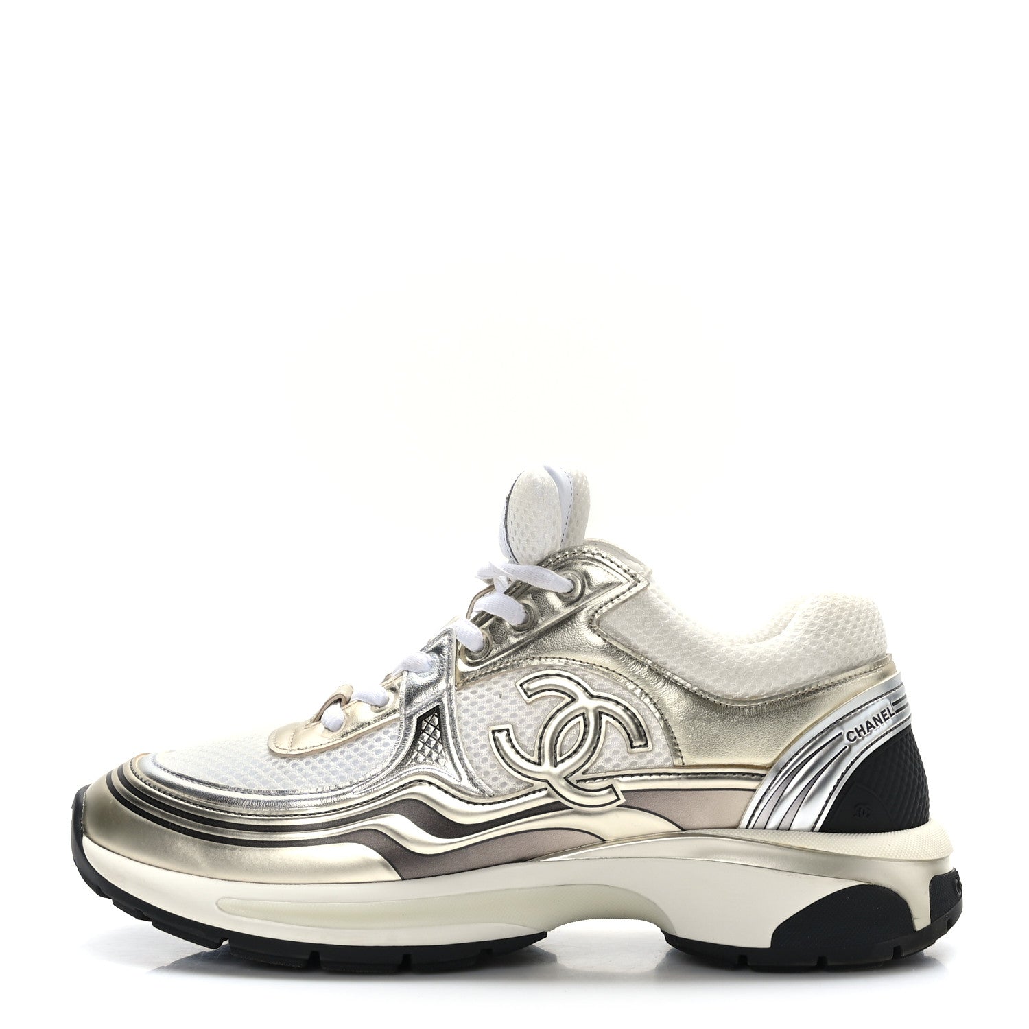 Chanel Fabric Laminated Calfskin Stretch CC Sneakers 39.5 White Gold Silver 1 of 8